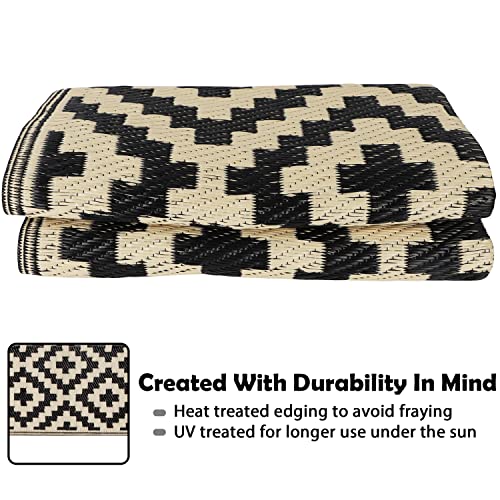 Waterproof Reversible Outdoor Rug 5x8 ft Black & Beige Q5411