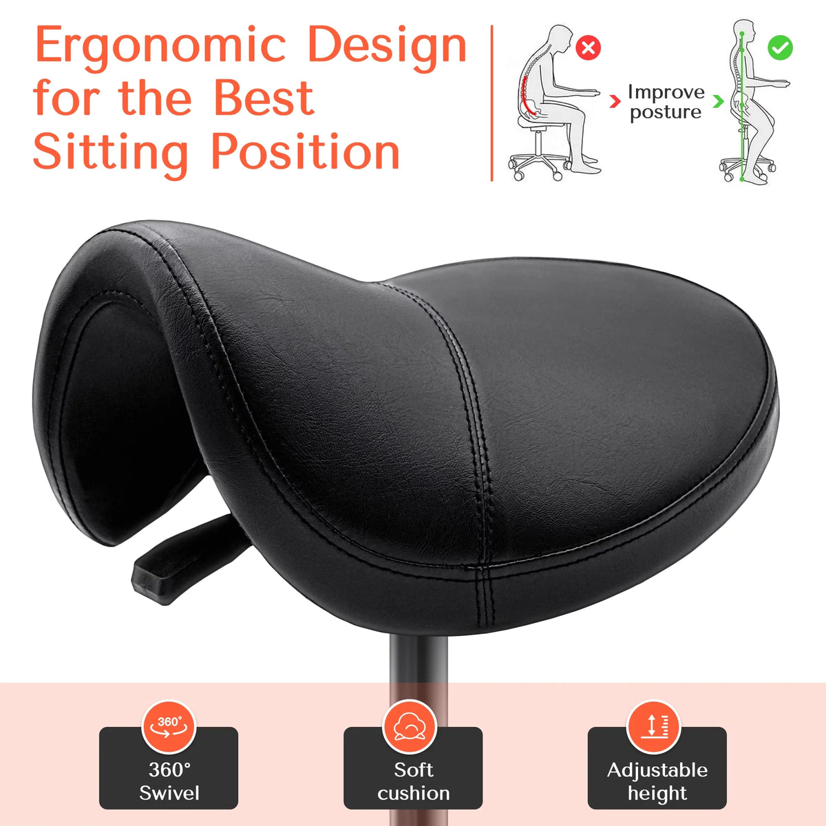 Black Ergonomic Saddle Stool with Wheels G925077