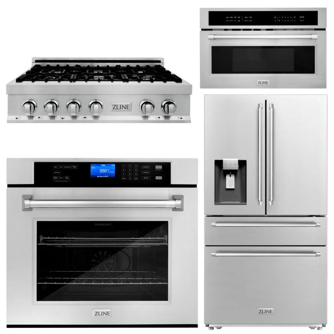 36 In. Rangetop, Refrigerator with Water and Ice Dispenser, Microwave and Wall Oven in Stainless Steel B78274