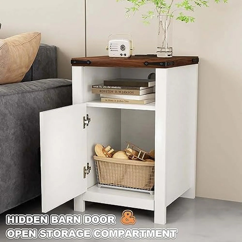 White Wooden Nightstand End Table with USB and Socket Set of 2 O70080